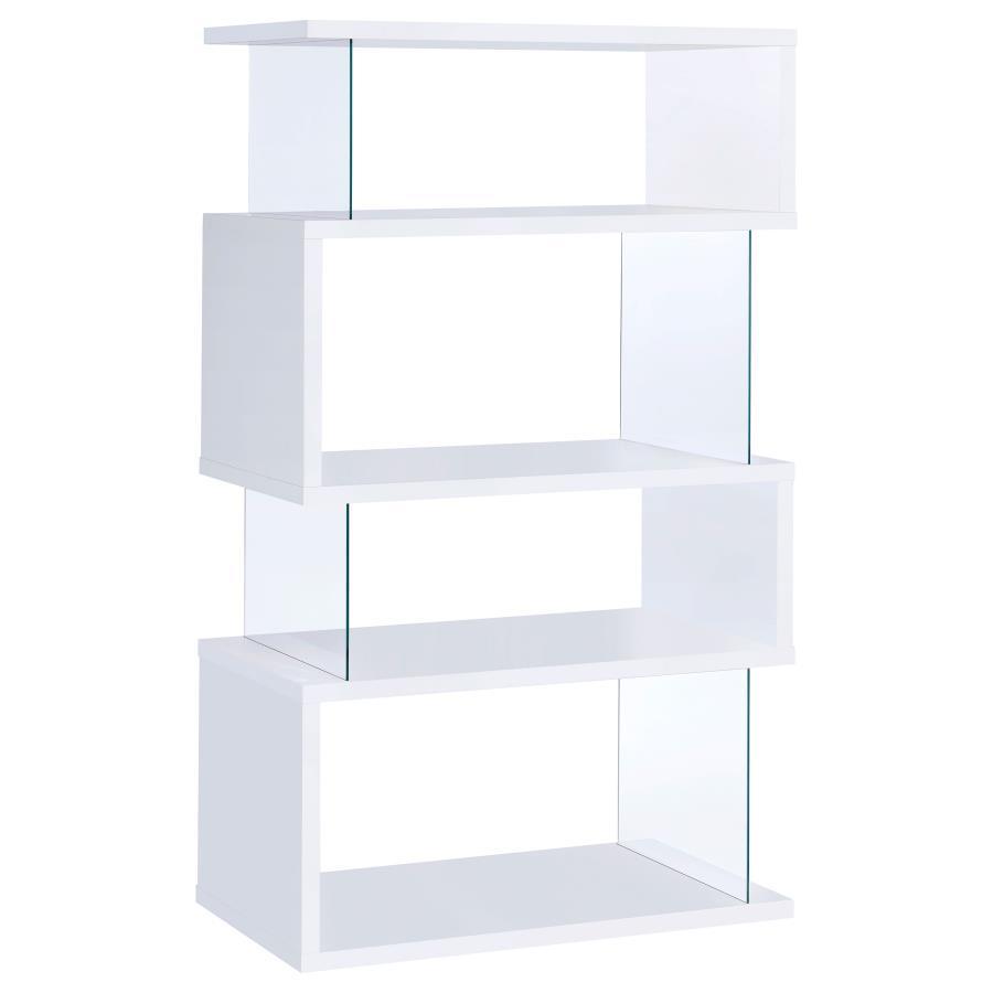 Emelle - 4 - Shelf Glass Panel Bookshelf - White Standard Bookcase modern furniture Contempo Furniture
