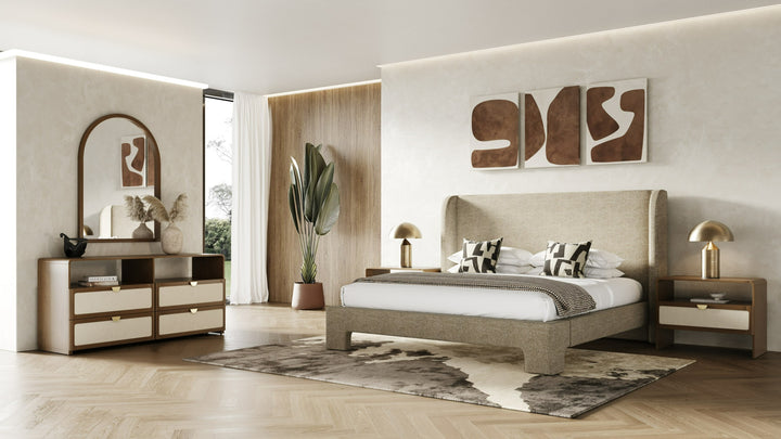 Emilio - Modern Natural Burlap + Walnut Nightstand