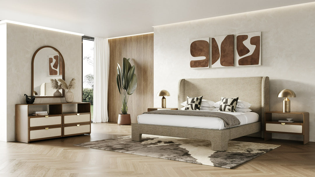 Emilio - Modern Natural Burlap + Walnut Nightstand