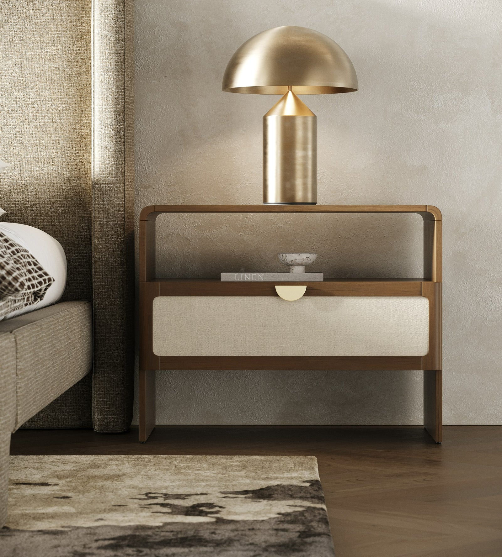 Emilio - Modern Natural Burlap  Walnut Nightstand
