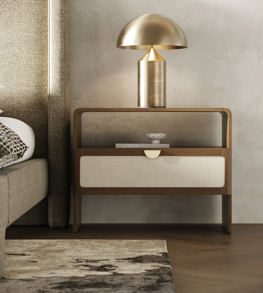 Emilio - Modern Beige Fabric + Burlap + Walnut 4-Piece Bedroom Set