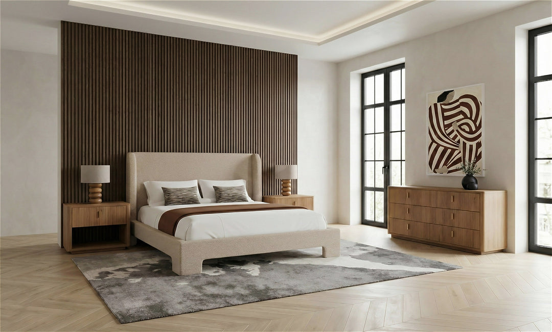 Emilio + Roma - Modern Beige Fabric + Oak 4-Piece Bedroom Set