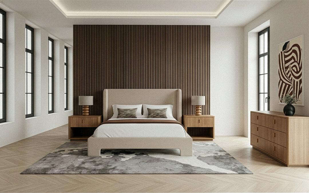 Emilio + Roma - Modern Beige Fabric + Oak 4-Piece Bedroom Set