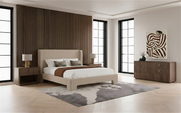 Emilio + Roma - Modern Beige Fabric + Walnut 4-Piece Bedroom Set
