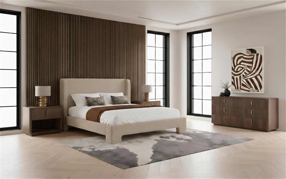 Emilio + Roma - Modern Beige Fabric + Walnut 4-Piece Bedroom Set