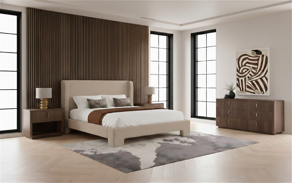 Eastern King Emilio + Roma - Modern Beige Fabric + Walnut 4-Piece Bedroom Set