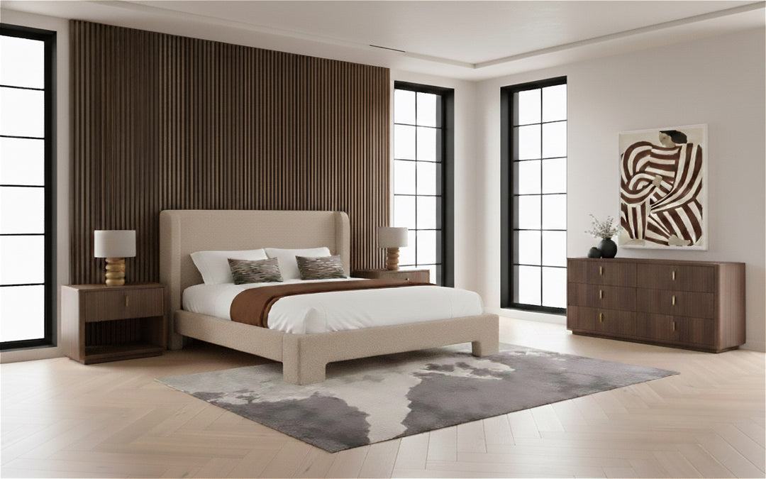 Eastern King Emilio + Roma - Modern Beige Fabric + Walnut 4-Piece Bedroom Set