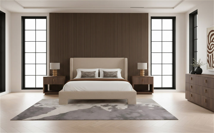 Emilio + Roma - Modern Beige Fabric + Walnut 4-Piece Bedroom Set
