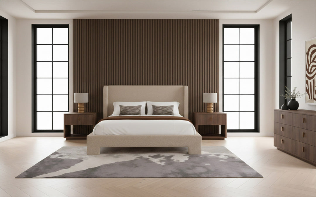 Emilio + Roma - Modern Beige Fabric + Walnut 4-Piece Bedroom Set