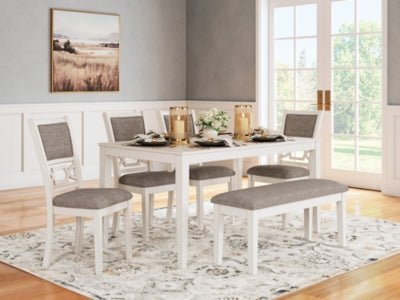 Erinberg Dining Table and 4 Chairs and Bench (Set of 6) - White 6 Piece Dining Room Set modern furniture Contempo Furniture