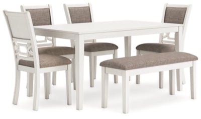 Erinberg Dining Table and 4 Chairs and Bench (Set of 6) - White 6 Piece Dining Room Set modern furniture Contempo Furniture