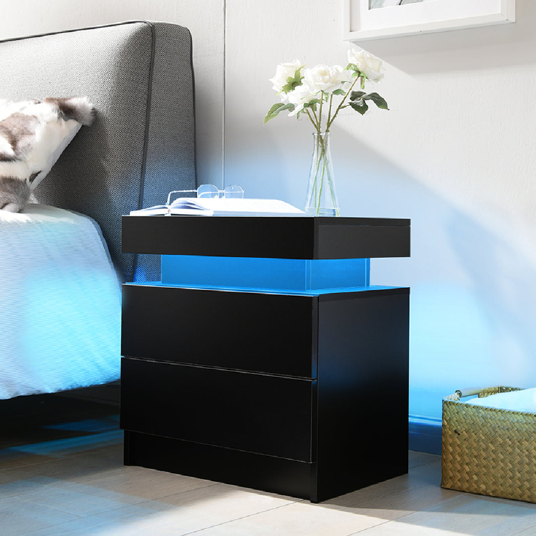 Modern LED Nightstand with Adjustable Lights and 2 Drawers in Black