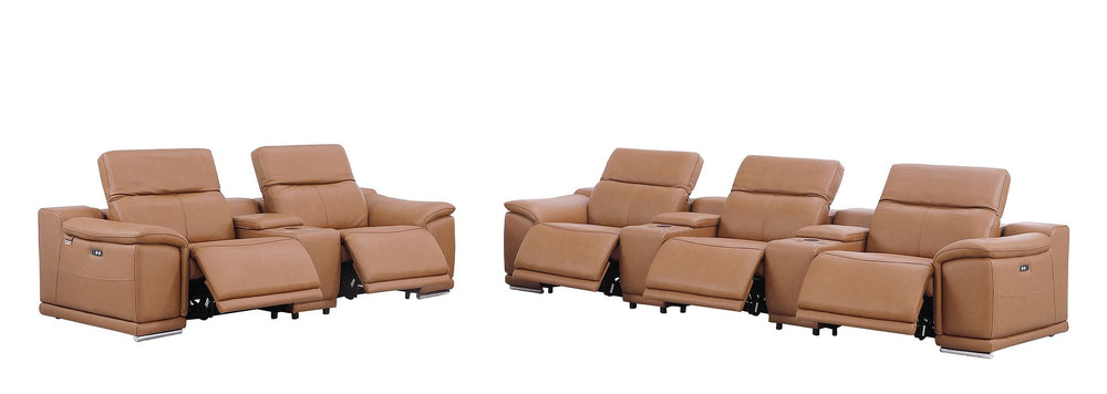 DivanItalia 9762 8-Piece Modular Power Reclining Sofa and Console Loveseat Set with Top Grain Italian Leather - Cognac