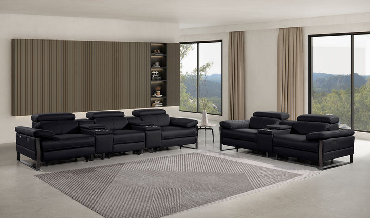 DivanItalia 1246 Modular Power Reclining Dual Console Sofa and Console Loveseat Set with Power Headrests – Top Grain Italian Leather - Black