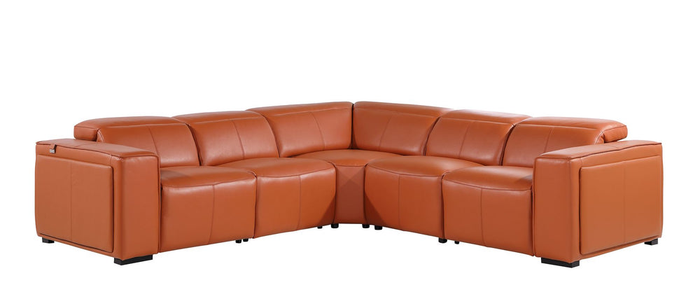 DivanItalia 1224 5-Piece L-Shaped Sectional Sofa in Top Grain Italian Leather with 3 Power Recliners & Power Headrests - Camel