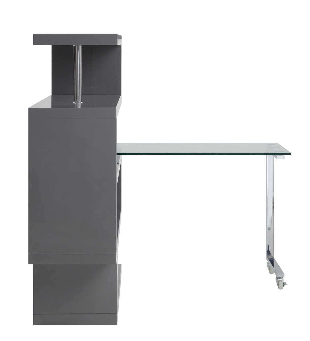 Buck II - Writing Desk With Bookshelf - Clear Glass, Chrome & Gray High Gloss