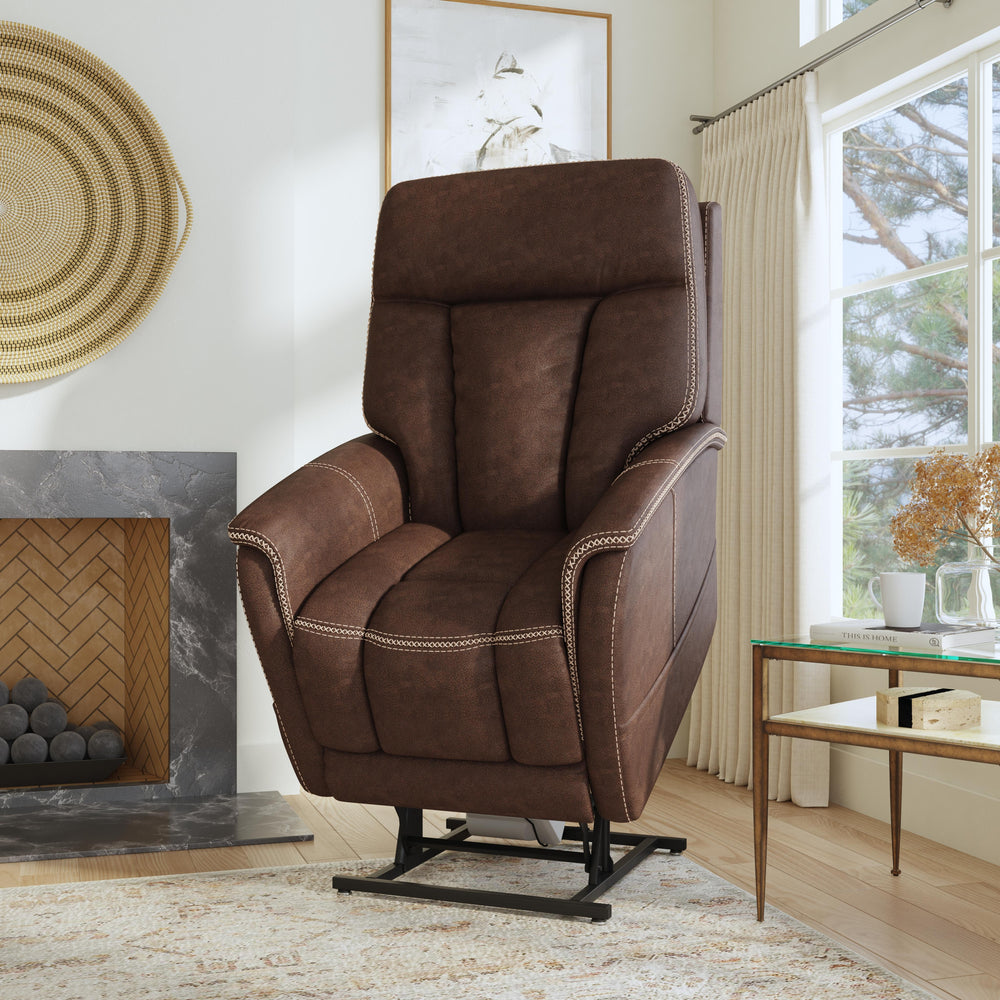 Atlas Fabric Power Lift Recliner with Power Headrest & Lumbar in Walnut