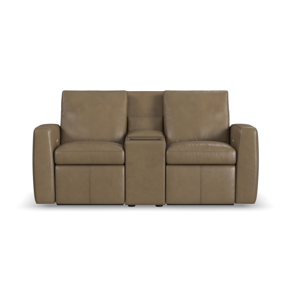 Aria Leather Power Reclining Loveseat with Console in Fawn