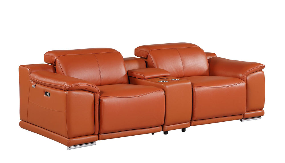 DivanItalia 9762 3-Piece Modular Power Reclining Console Loveseat with 2 Power Recliners in Top Grain Italian Leather - Camel