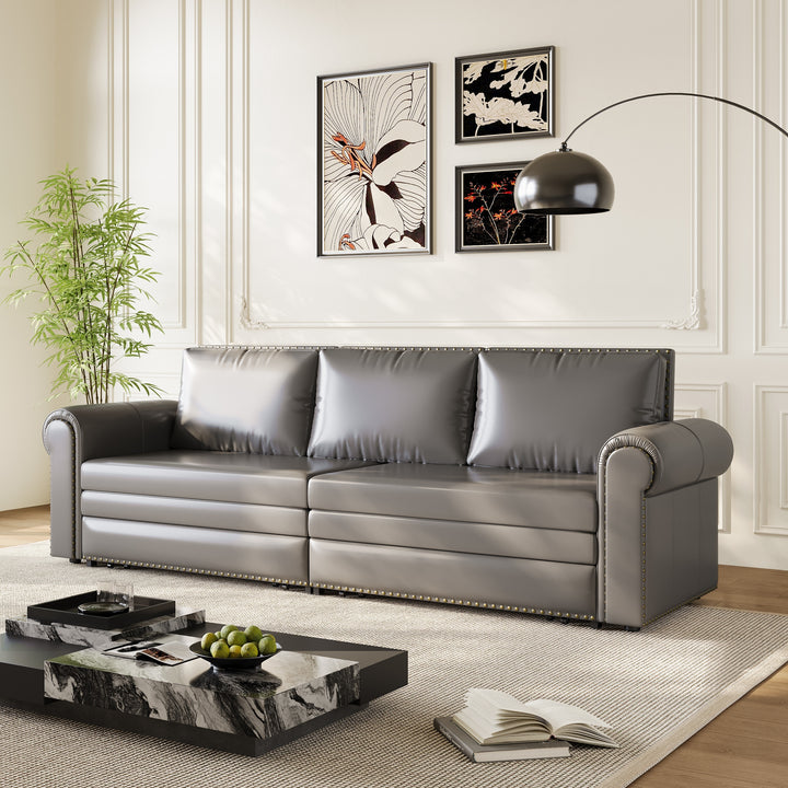 Faux Leather Pull Out King Sofa Bed with Nailhead Trim &amp; Rolled Arm