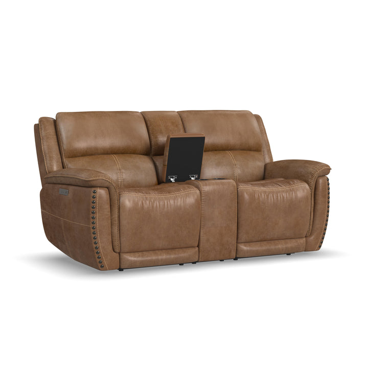 Beau Fabric Power Reclining Loveseat with Console &amp; Power Headrests in Silt