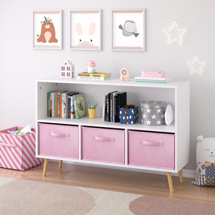 modern-kids-bookcase-with-collapsible-fabric-drawers-childrens-book-display-toy-storage-white-pink-mdf-pine-legs