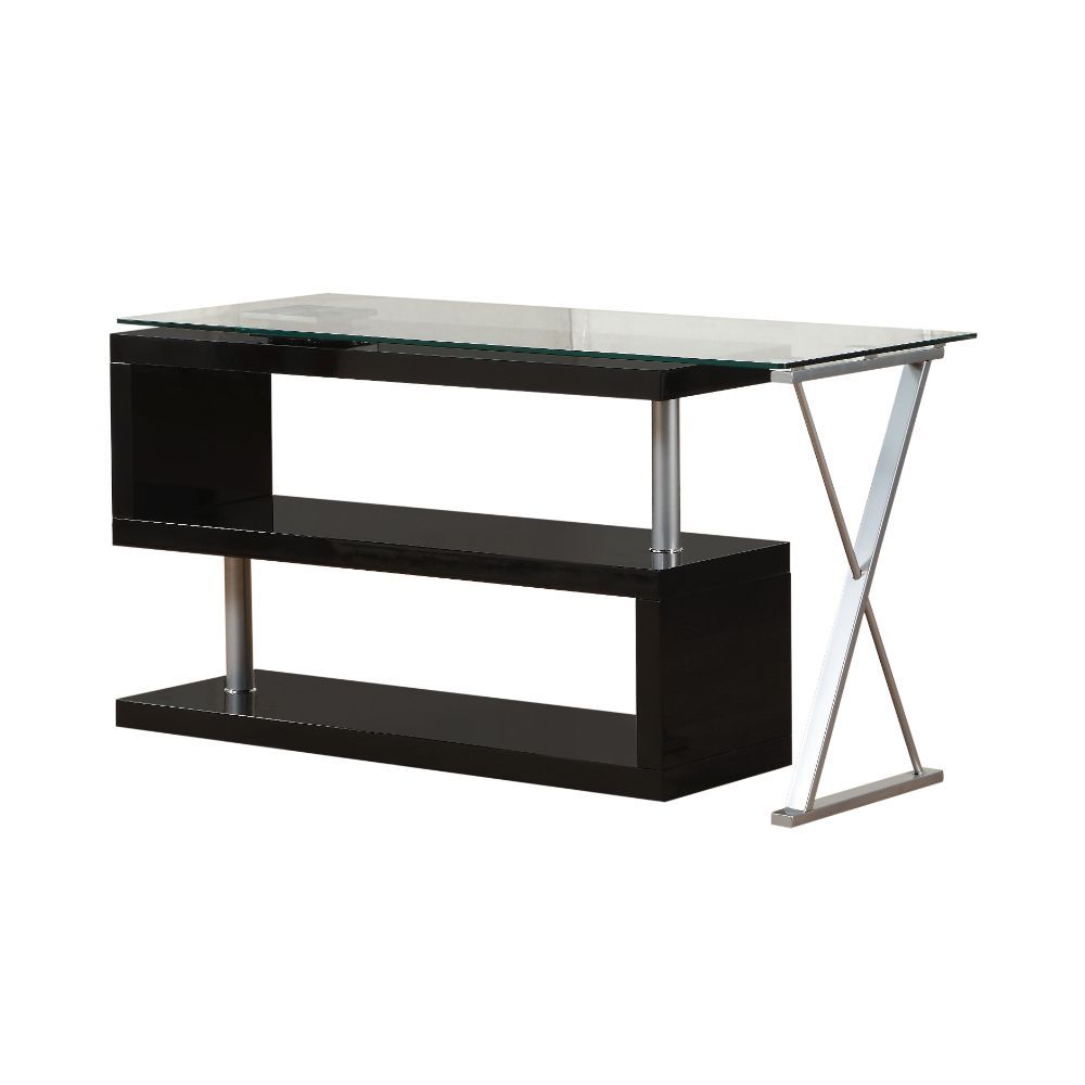 Buck - Writing Desk With Swivel - Clear Glass Top & Black High Gloss