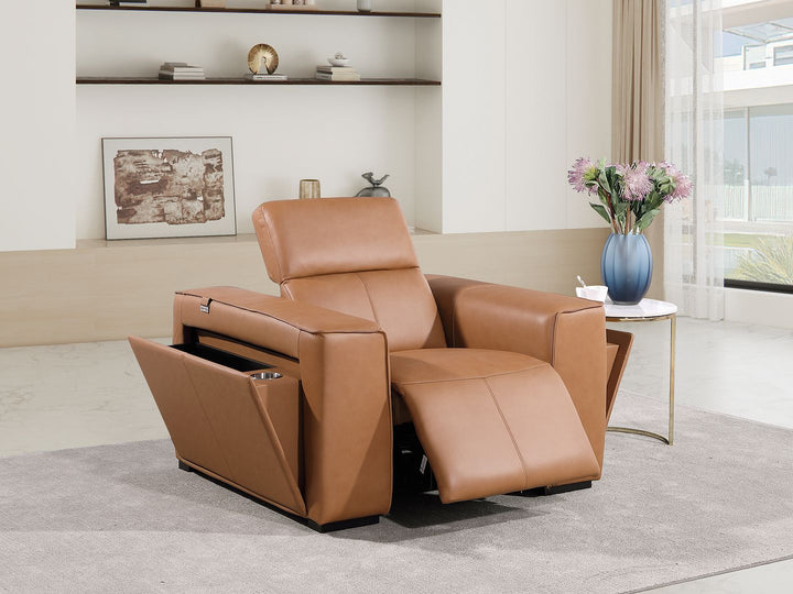 DivanItalia 1224 Top Grain Italian Leather Power Reclining Chair with Power Headrests - Cognac