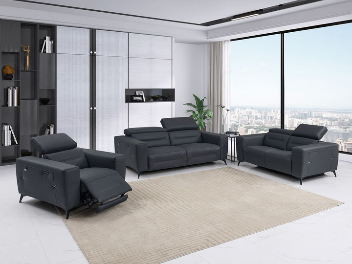 DivanItalia 989 Power Reclining 3-Piece Sofa Set with Power Headrest in Top-Grain Italian Leather - Dark Gray
