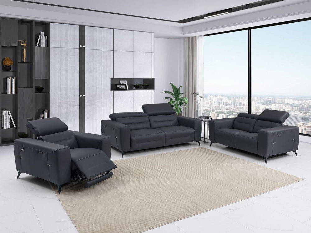 DivanItalia 989 Power Reclining 3-Piece Sofa Set with Power Headrest in Top-Grain Italian Leather - Dark Gray