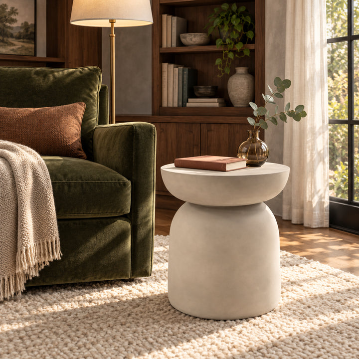 Round MgO Drum Outdoor Side Table – Light Grey