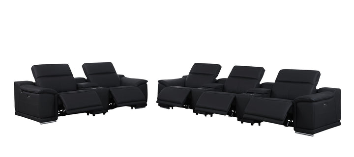 DivanItalia 9762 8-Piece Modular Power Reclining Sofa and Console Loveseat Set with Top Grain Italian Leather - Black