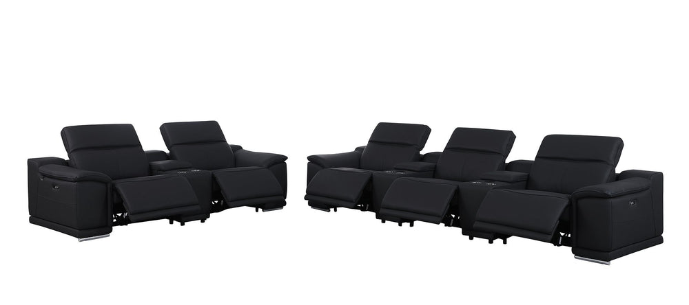 DivanItalia 9762 8-Piece Modular Power Reclining Sofa and Console Loveseat Set with Top Grain Italian Leather - Black