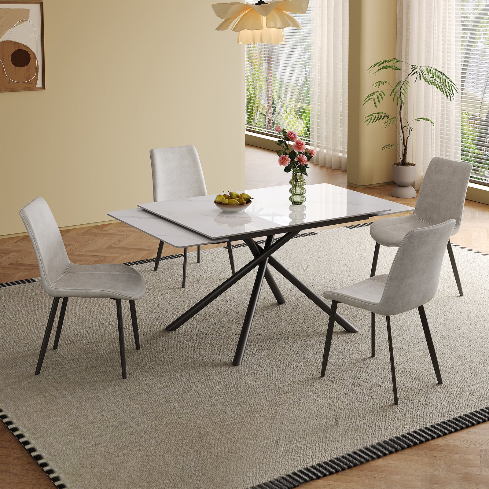 Modern Retractable Sintered Stone Dining Table Set with Black Carbon Steel Legs, White, Rectangular, Table and 4 Chairs