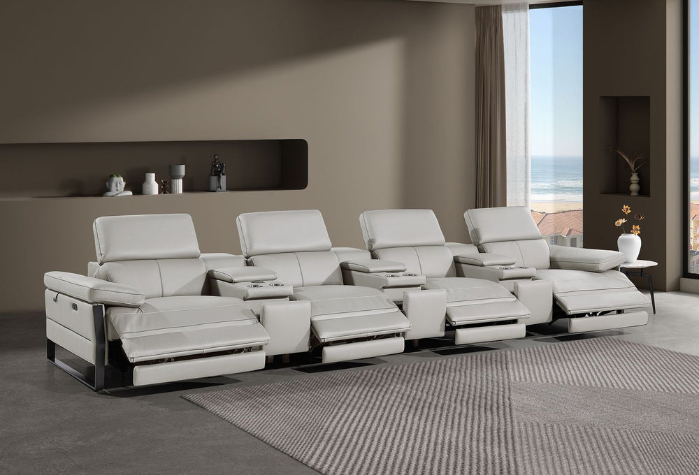 DivanItalia 1246 Modular Power Triple Reclining Triple Console Sofa with Power Reclining Headrests – Top Grain Italian Leather - Light Gray