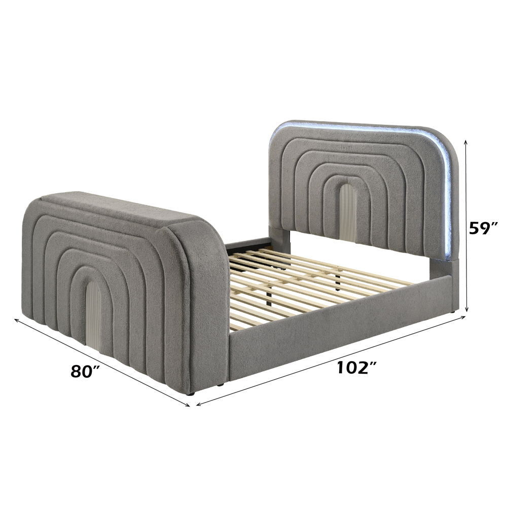 Shelyn - Eastern King Bed With Led, TV Stand, Fireplace & Bluetooth - Gray Teddy Sherpa & Chrome