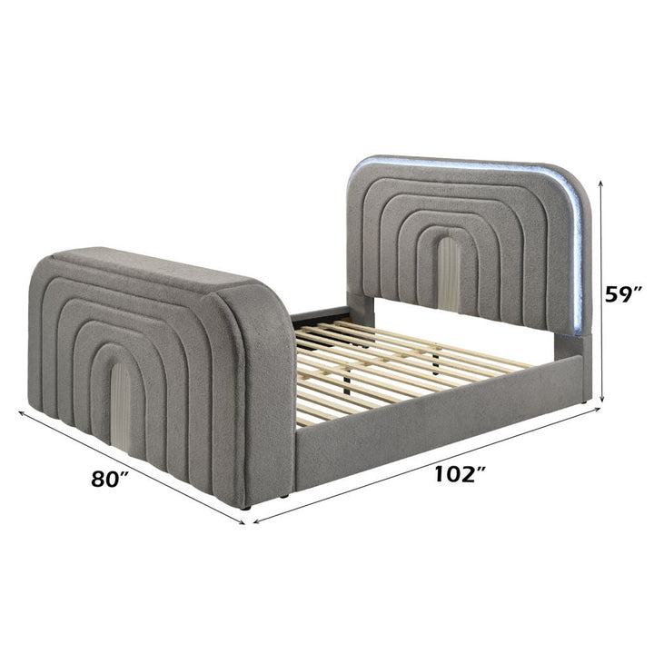 Shelyn - Eastern King Bed With Led, TV Stand, Fireplace & Bluetooth - Gray Teddy Sherpa & Chrome