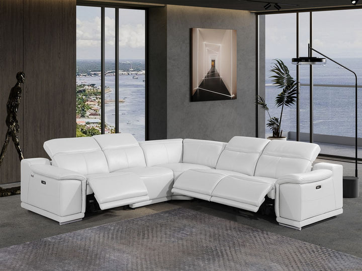 DivanItalia 9762 5-Piece L Shaped Top Grain Italian Leather Sectional Sofa with 3 Power Recliners - White