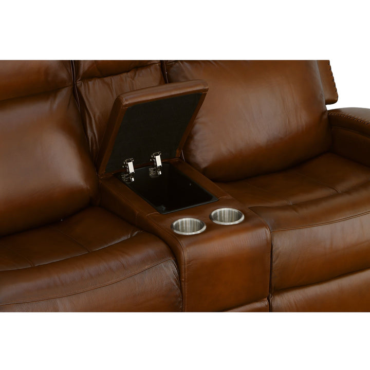 Mustang Leather Power Loveseat with Console with Power Headrest in Rust