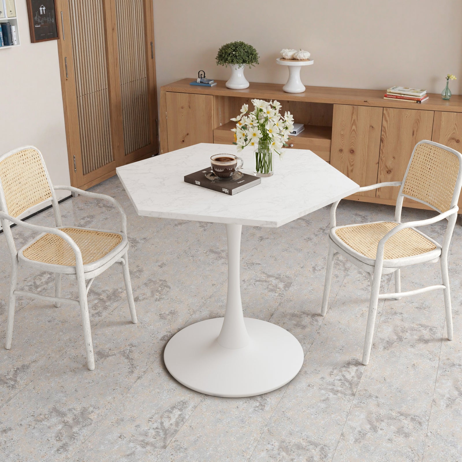 Modern Hexagonal Coffee Table with White Printed Marble Top and Metal Base