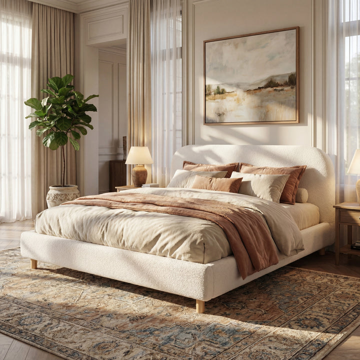 Curved Boucle California King Bed – White