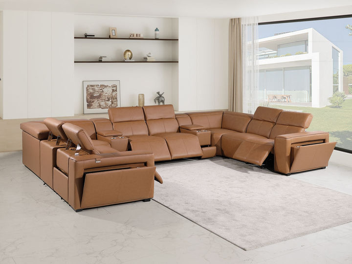 DivanItalia 1224 10-Piece U-Shaped Sectional Sofa in Top Grain Italian Leather with 4 Power Recliners &amp; Power Headrests - Cognac