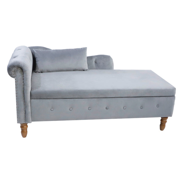 Grey Velvet Lounge Chaise  with Storage & Pillow, Modern Upholstered Rolled Arm