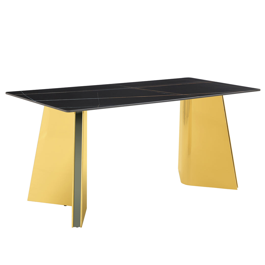 Black Marble-Patterned Slab Dining Table with Golden Stainless Steel Butterfly Legs.