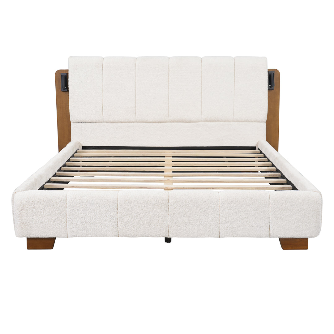 Boucle Queen Bed with Reading Lights – White &amp; Brown