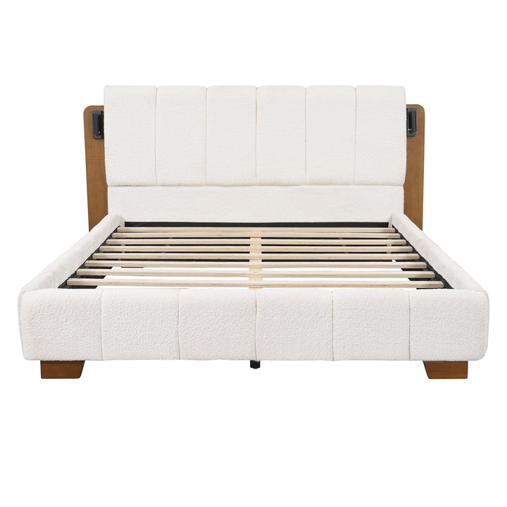 Boucle Queen Bed with Reading Lights – White &amp; Brown