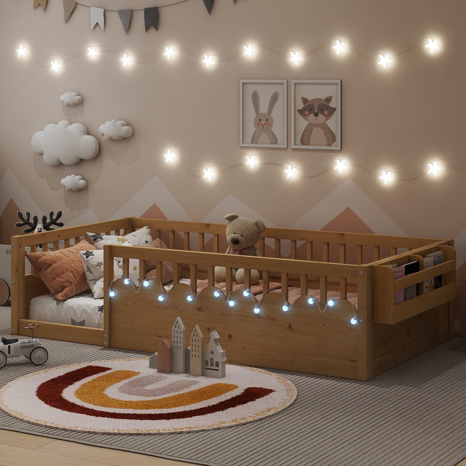 Twin Montessori Floor Bed Frame with High Rails and Storage Shelf, Natural