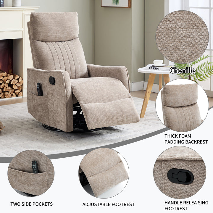 Khaki Heat &amp; Massage Manual Swivel Rocker Recliner Chair in Fabric