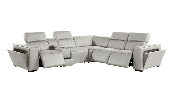 DivanItalia 1224 6-Piece L-Shaped Sectional Sofa in Top Grain Italian Leather with 3 Power Recliners &amp; Power Headrests - Light Gray