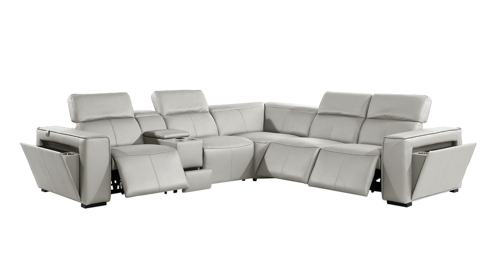 DivanItalia 1224 6-Piece L-Shaped Sectional Sofa in Top Grain Italian Leather with 3 Power Recliners & Power Headrests - Light Gray